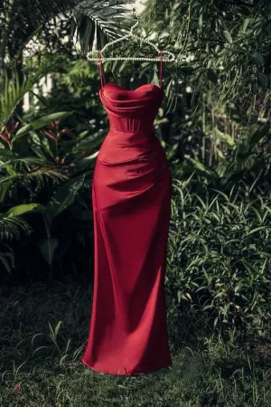 JazzHer New Sheath Strapless Satin Slit Sleeveless Burgundy Evening Dress Prom Dresses (PRE-ORDER)