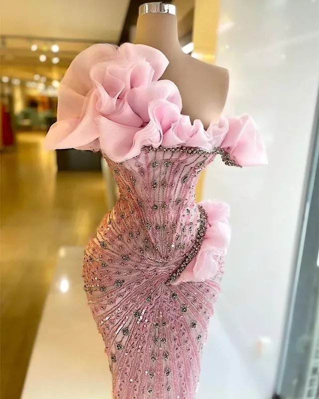 JazzHer Sexy Sheath Strapless Pink Long Prom Dresses Evening Dress With Beads (PRE-ORDER)