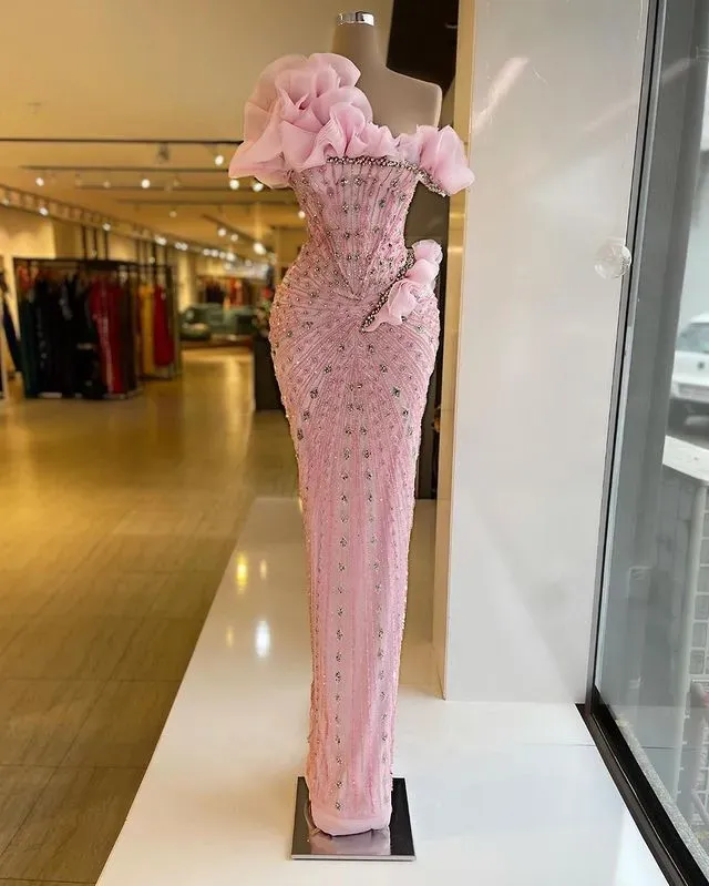 JazzHer Sexy Sheath Strapless Pink Long Prom Dresses Evening Dress With Beads (PRE-ORDER)