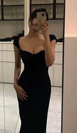JazzHer Sexy Sheath Sweetheart Cap Sleeves Black Prom Dresses Birthday Outfits (PRE-ORDER)