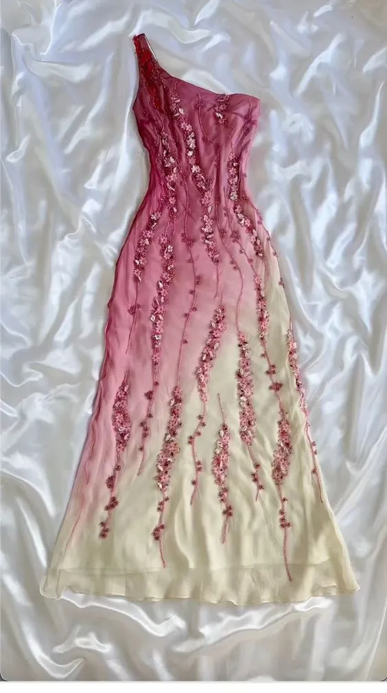 JazzHer Vintage Sheath One Shoulder Chiffon Ombre Pink Floor Length Prom Dresses Evening Dress (PRE-ORDER)
