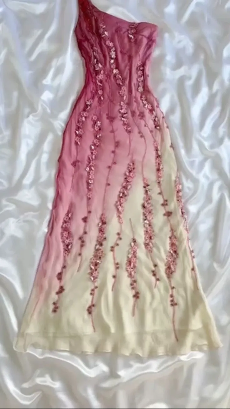 JazzHer Vintage Sheath One Shoulder Chiffon Ombre Pink Floor Length Prom Dresses Evening Dress (PRE-ORDER)