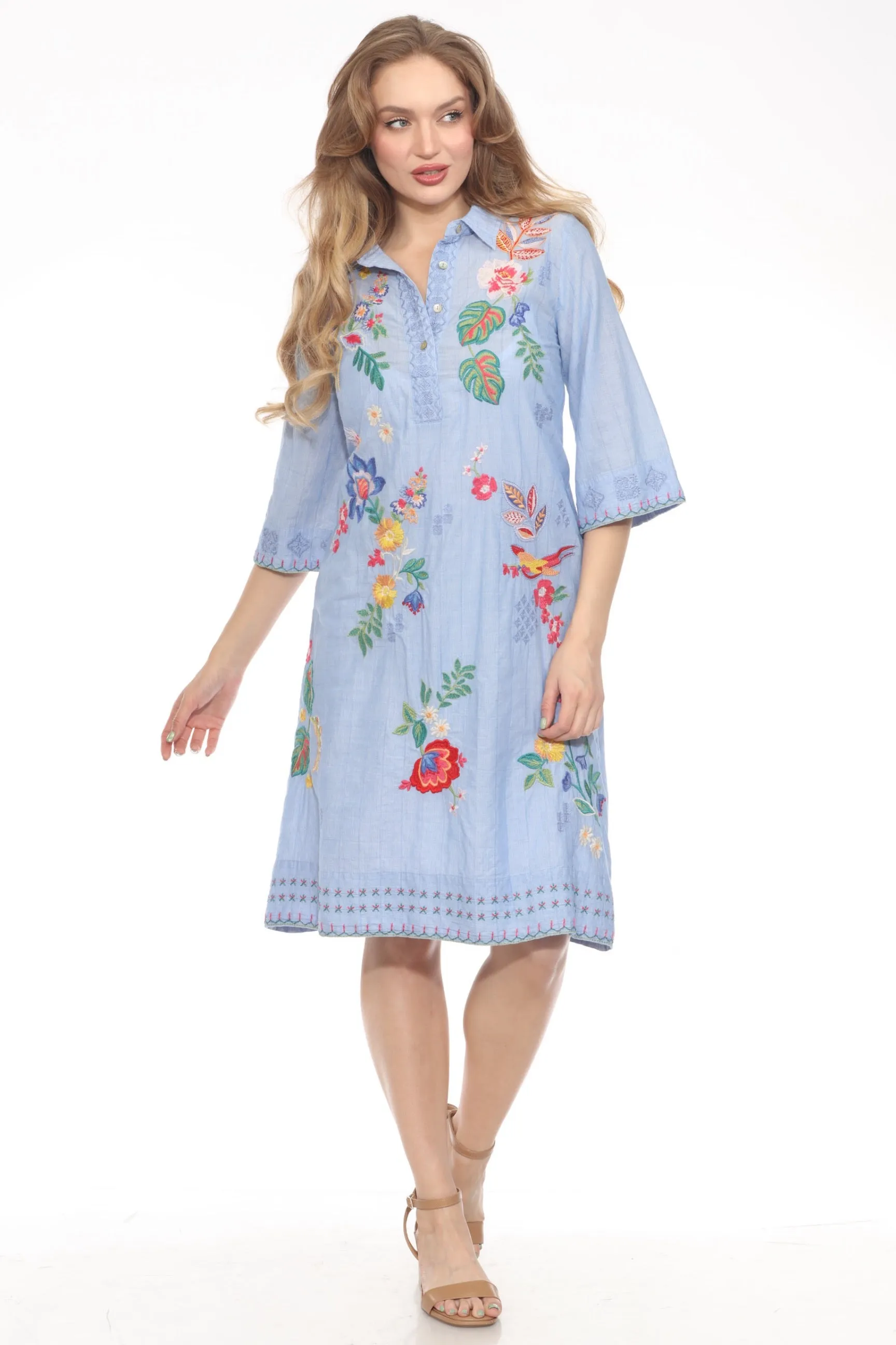 Johnny Was Workshop Blue Henley Kimono Sleeve Dress W35624-4