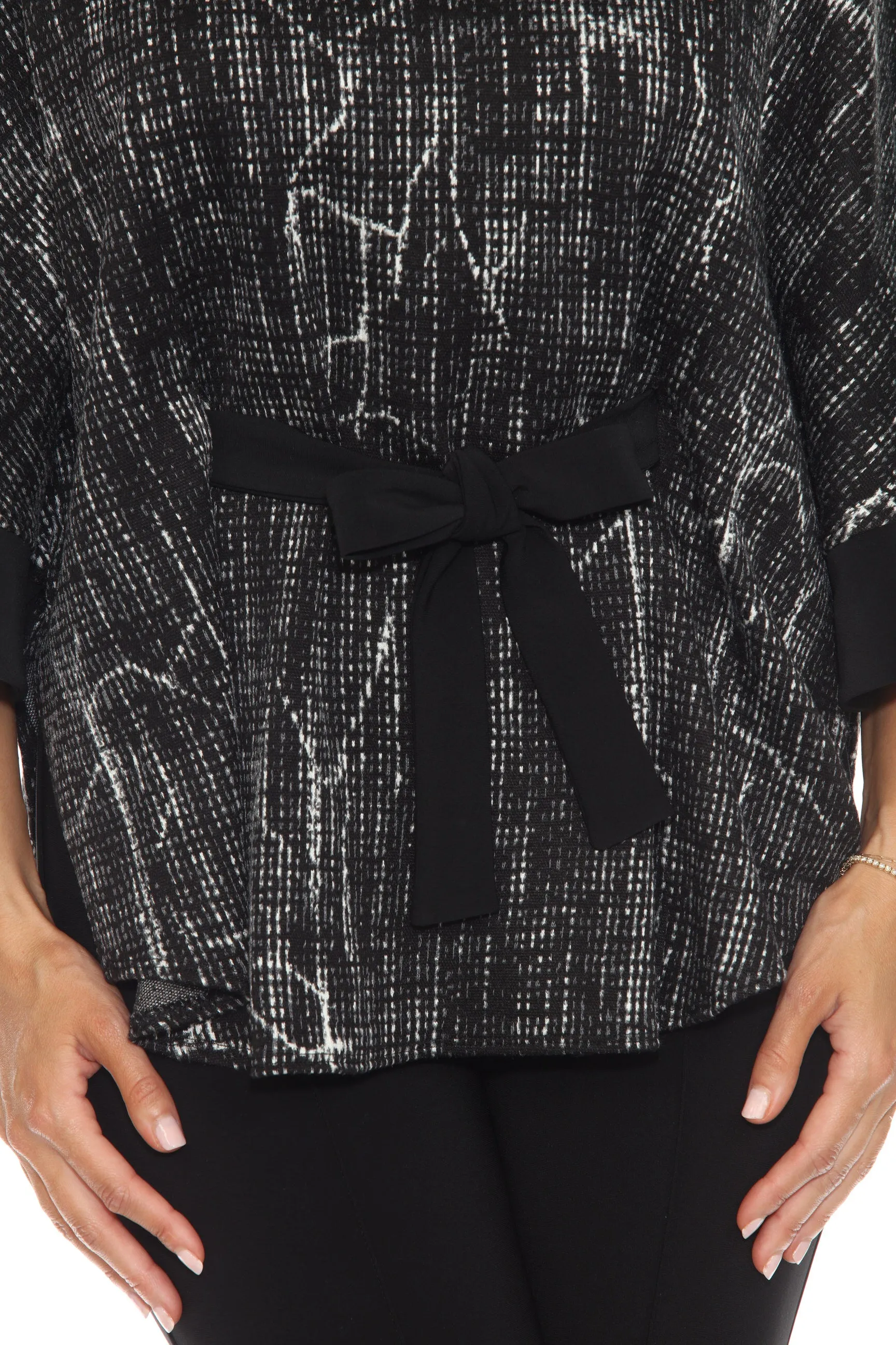 Joseph Ribkoff Black/Off-White Abstract Jacquard Knit Poncho Top 243287