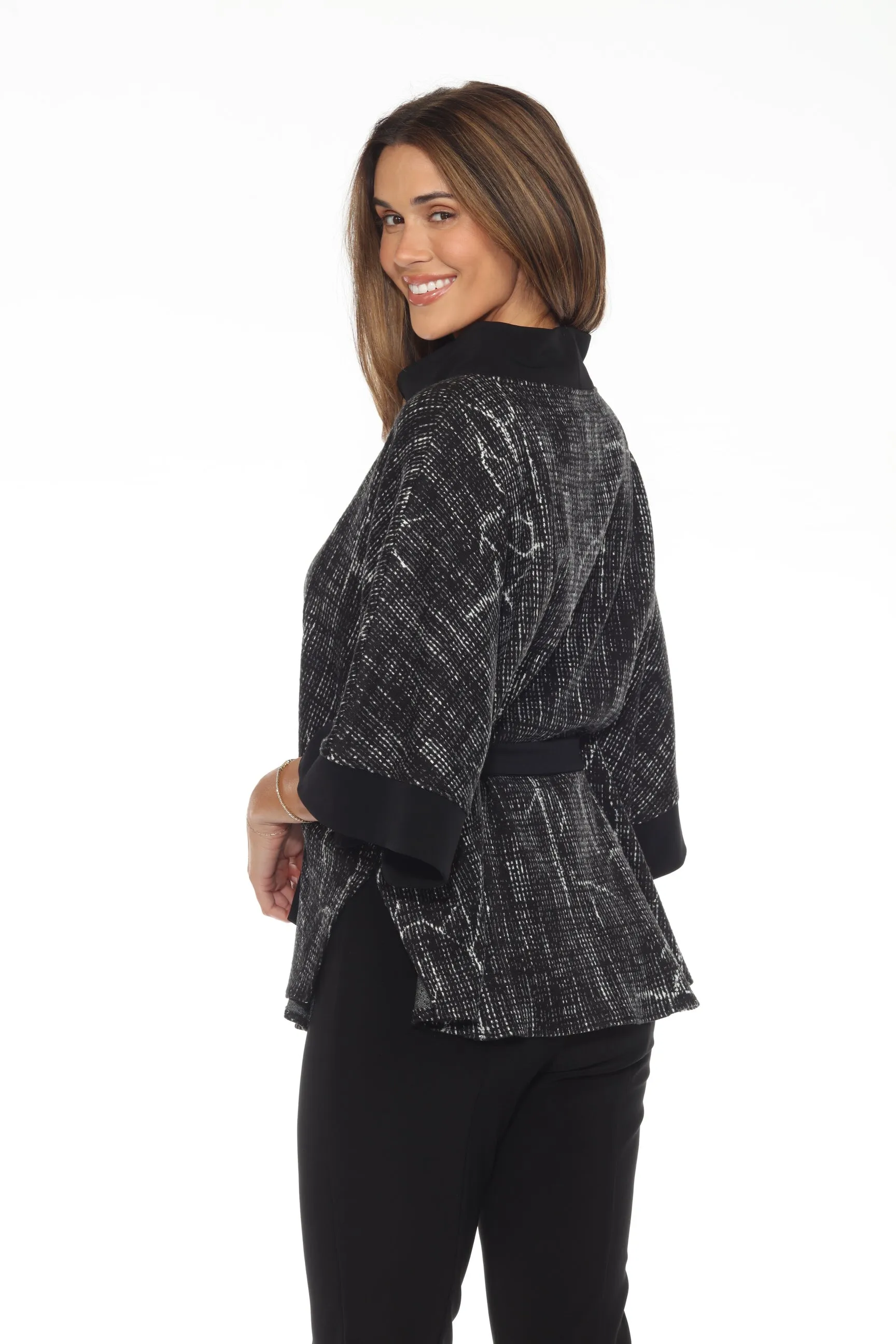 Joseph Ribkoff Black/Off-White Abstract Jacquard Knit Poncho Top 243287