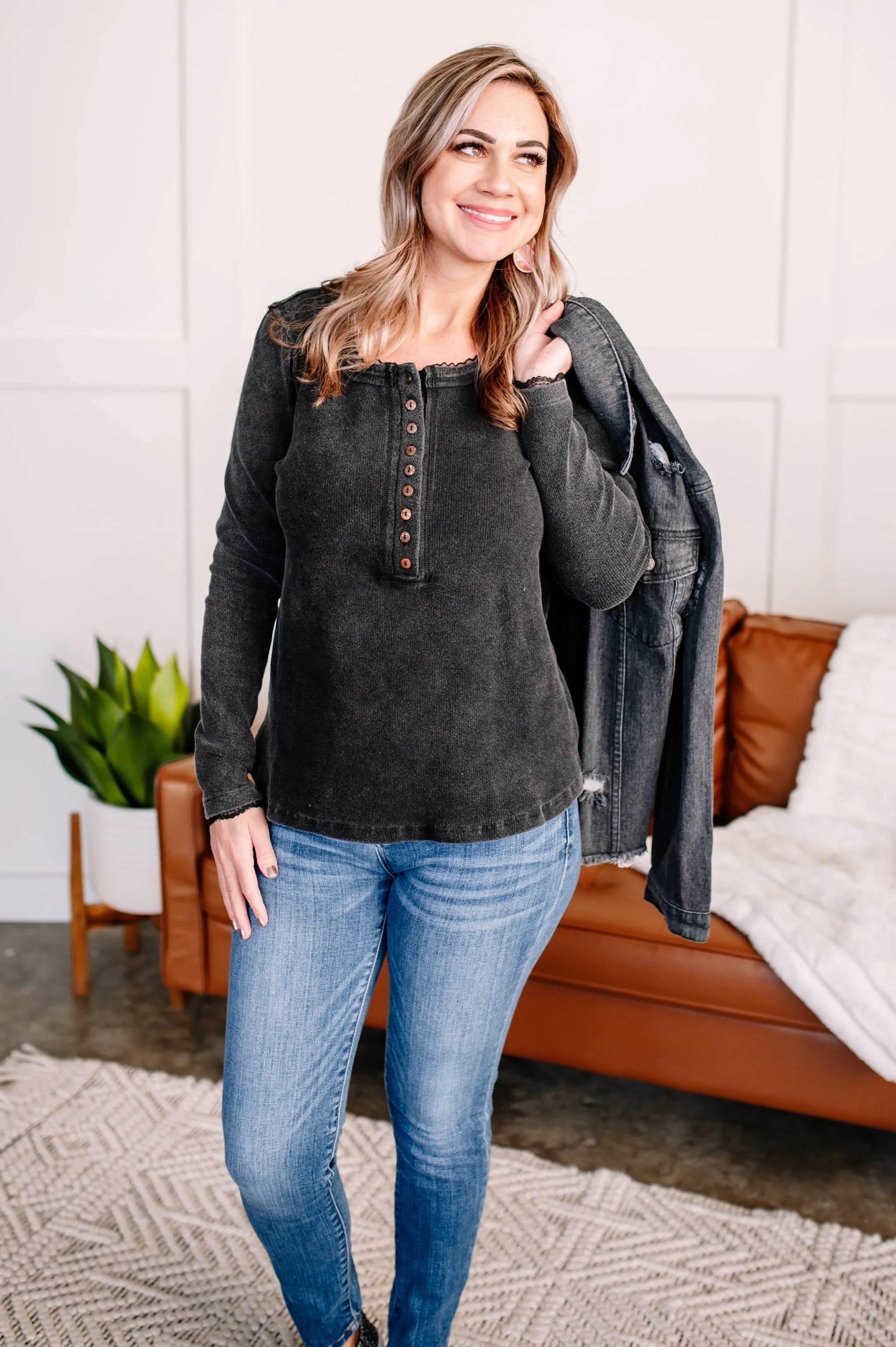 Just A Few Minor Details Washed Henley Top