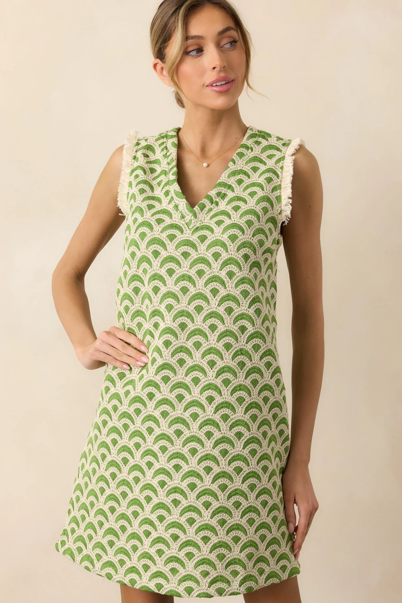 Just Enough Light Green Embroidered Mini Shift Dress