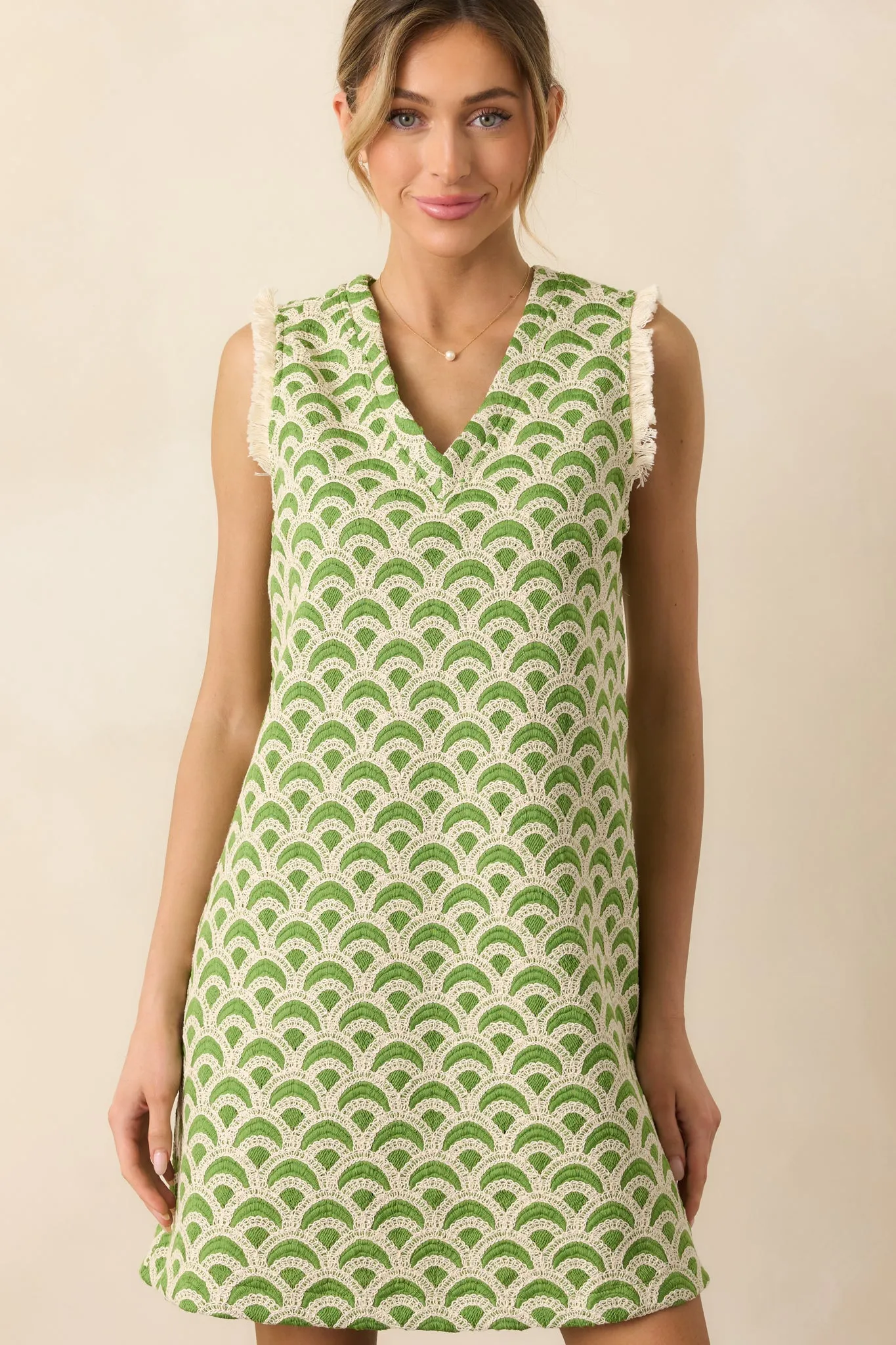 Just Enough Light Green Embroidered Mini Shift Dress