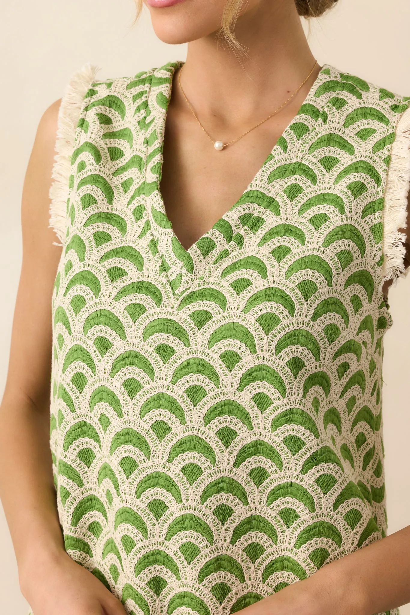 Just Enough Light Green Embroidered Mini Shift Dress