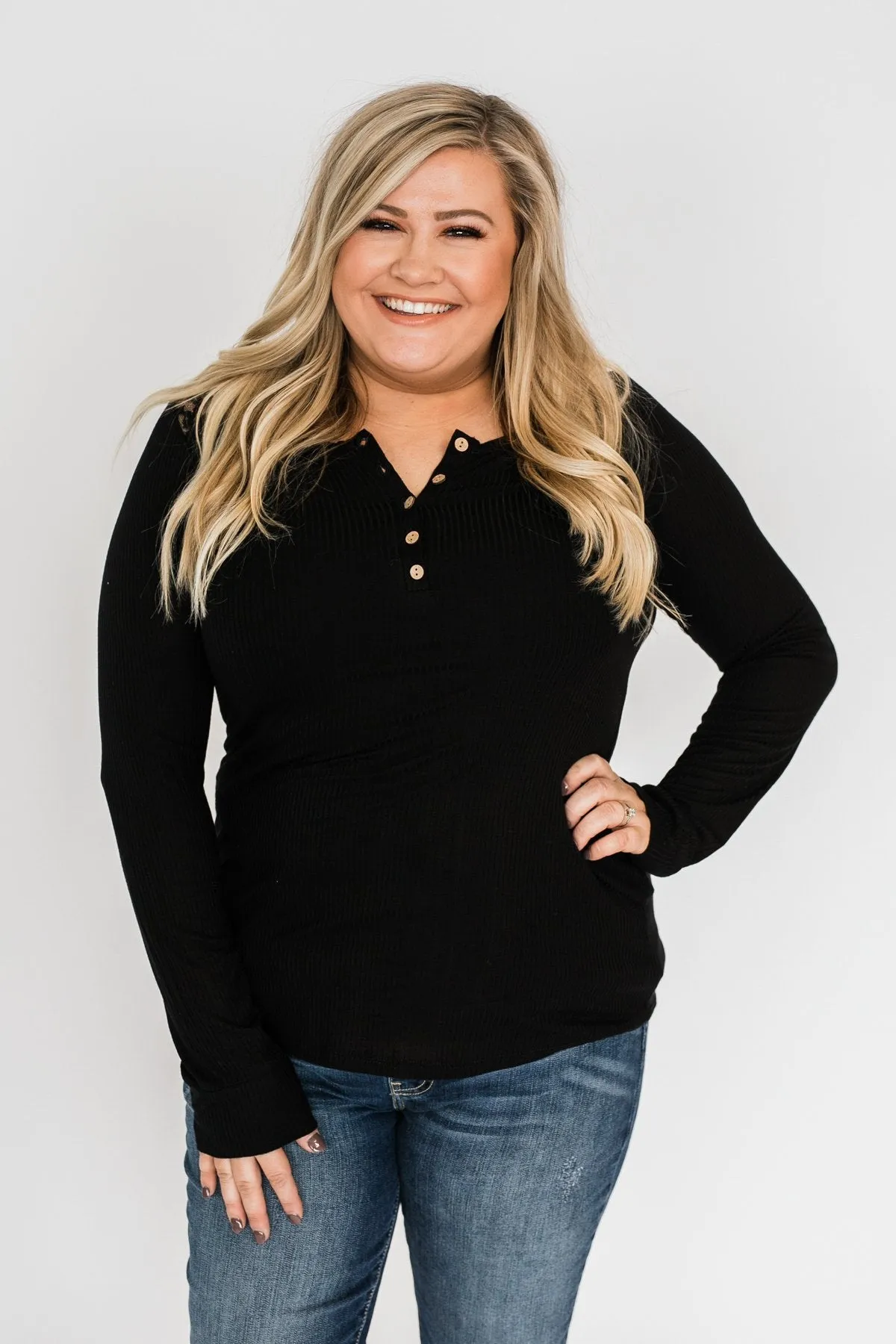Lace Back 5-Button Henley Top- Black