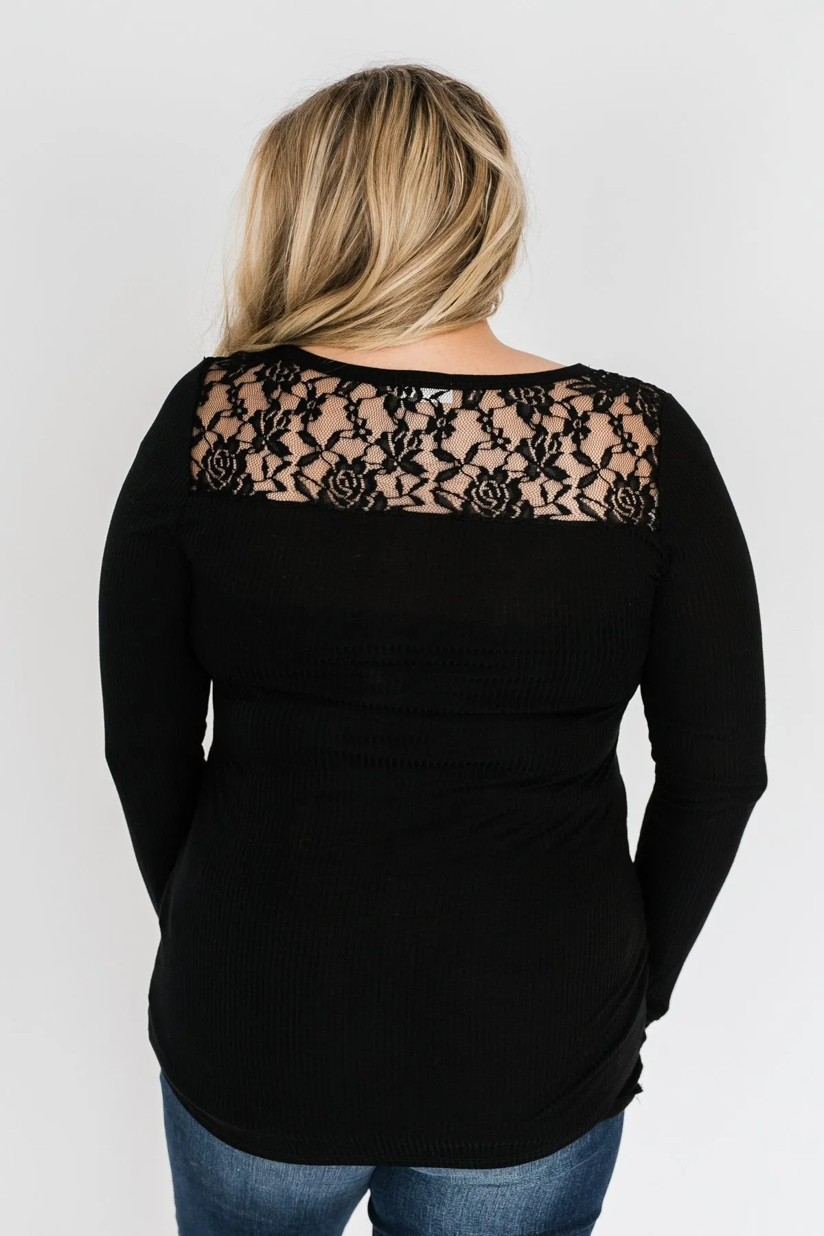 Lace Back 5-Button Henley Top- Black