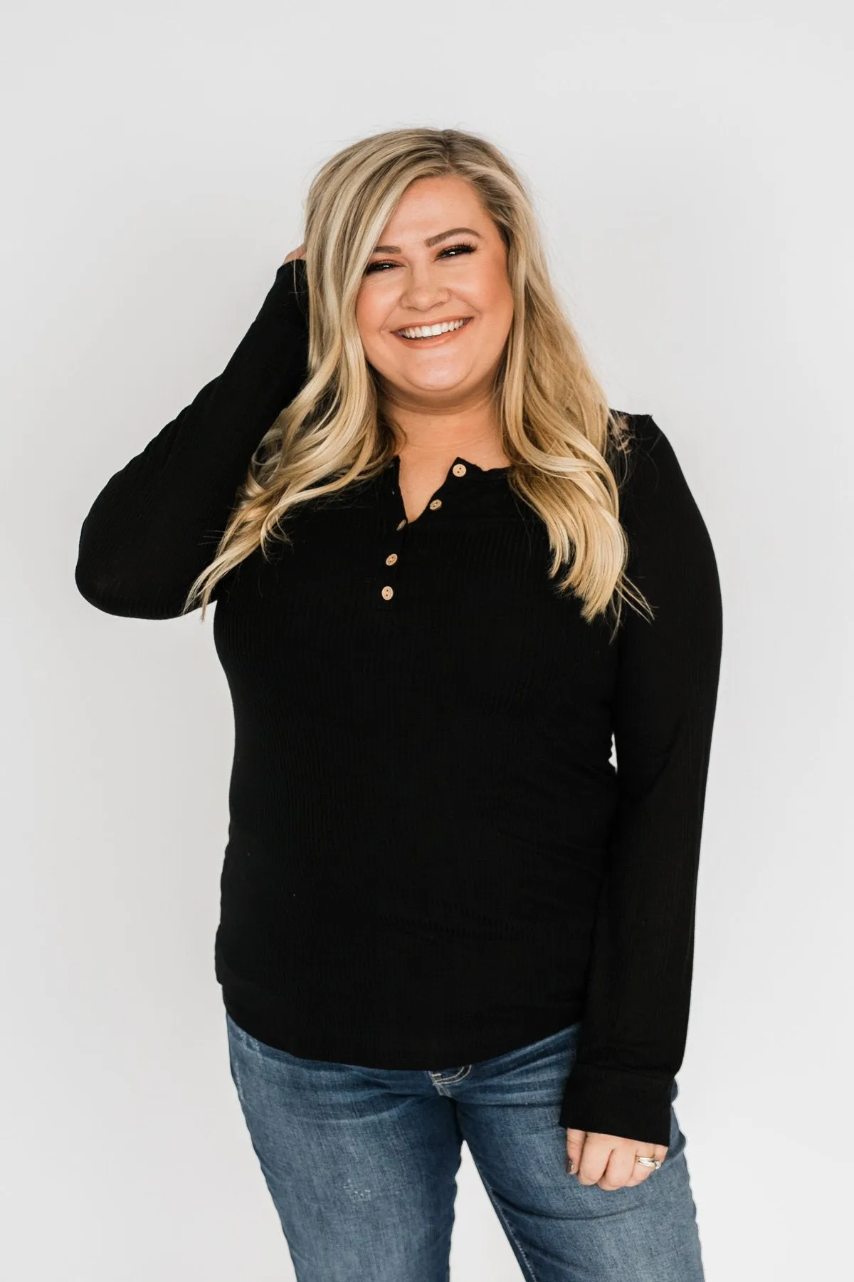 Lace Back 5-Button Henley Top- Black