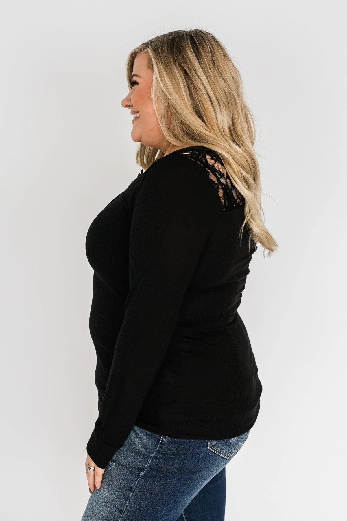 Lace Back 5-Button Henley Top- Black