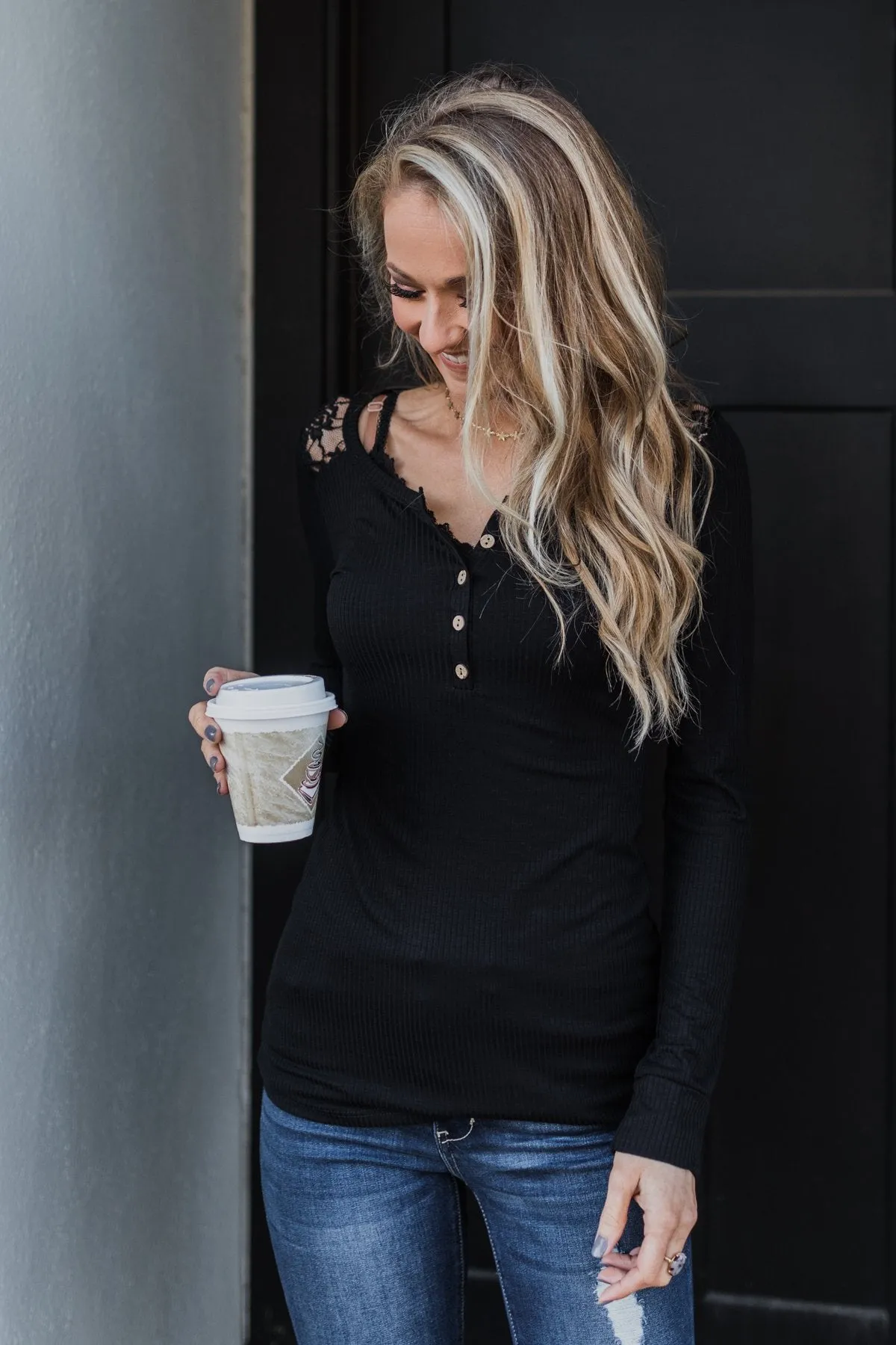 Lace Back 5-Button Henley Top- Black