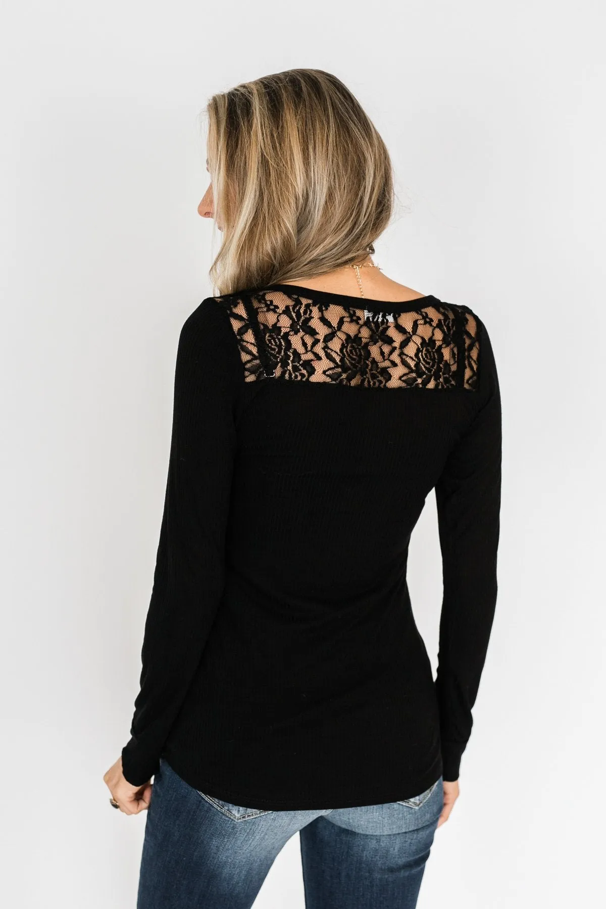 Lace Back 5-Button Henley Top- Black