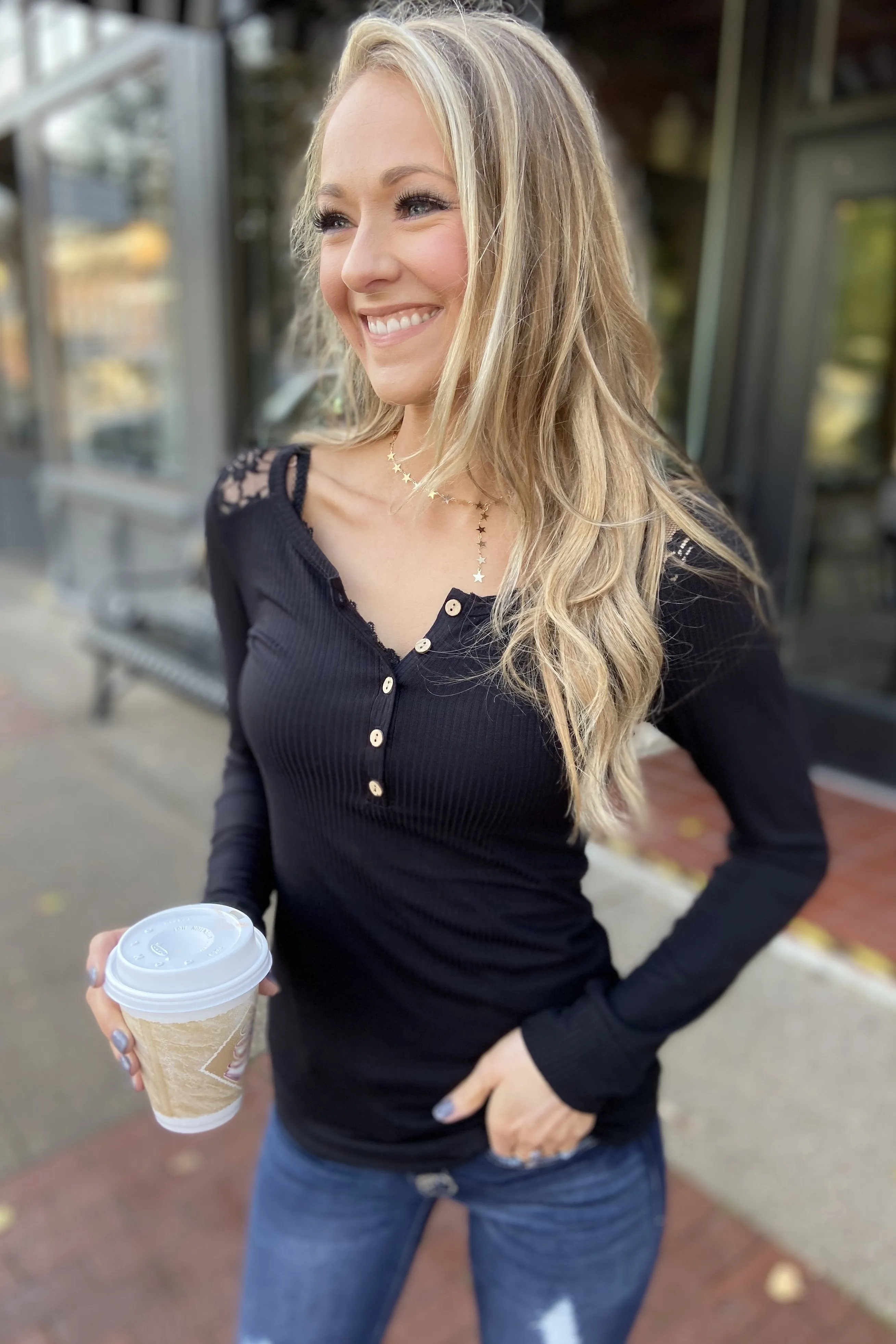 Lace Back 5-Button Henley Top- Black