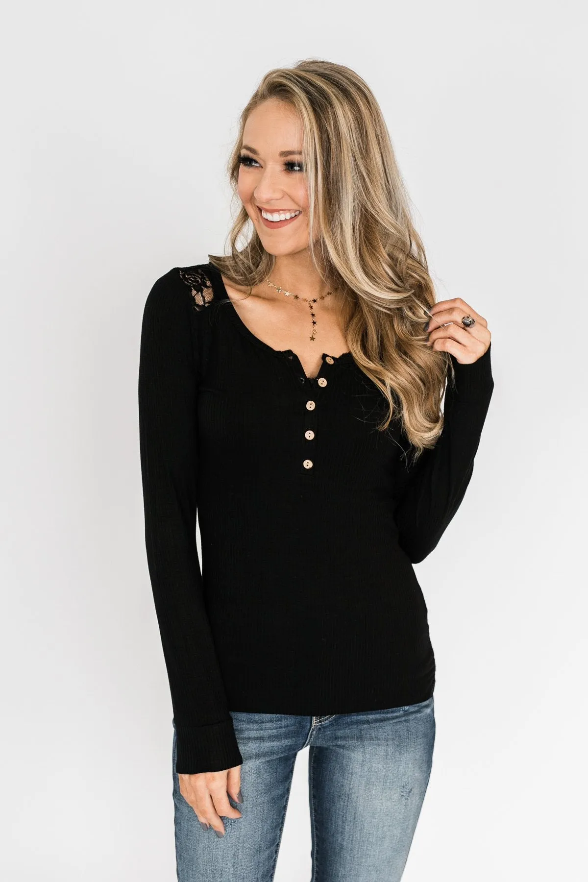 Lace Back 5-Button Henley Top- Black