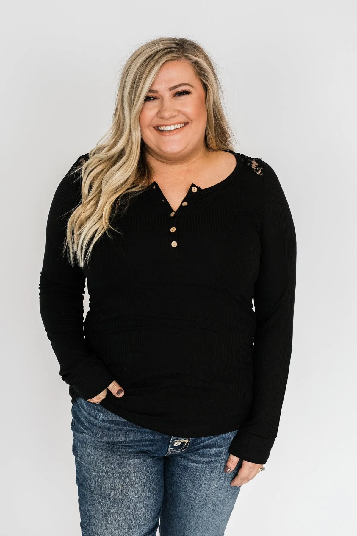 Lace Back 5-Button Henley Top- Black