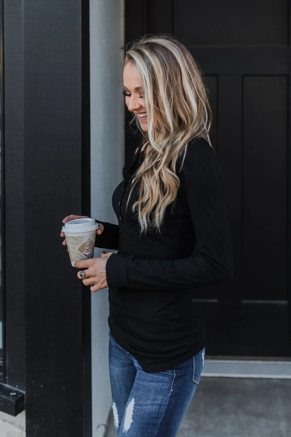 Lace Back 5-Button Henley Top- Black