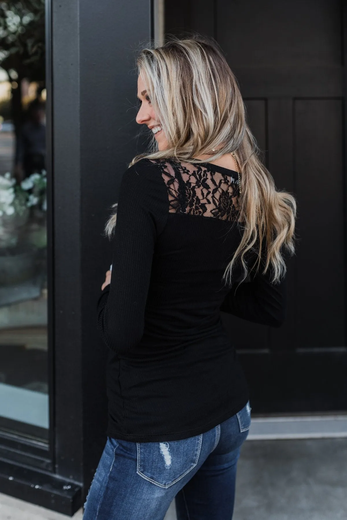 Lace Back 5-Button Henley Top- Black