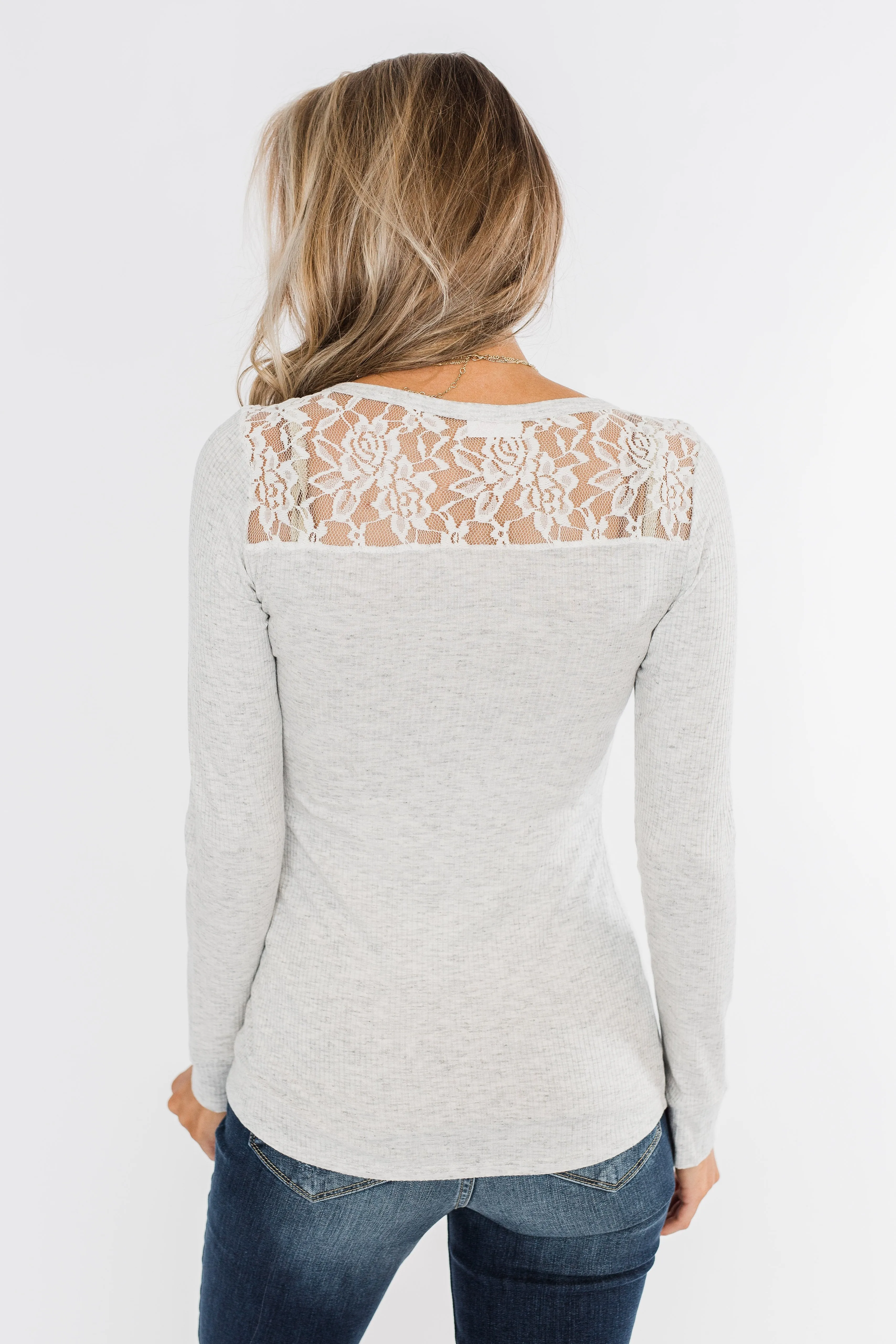 Lace Back 5-Button Henley Top- Light Heather Grey