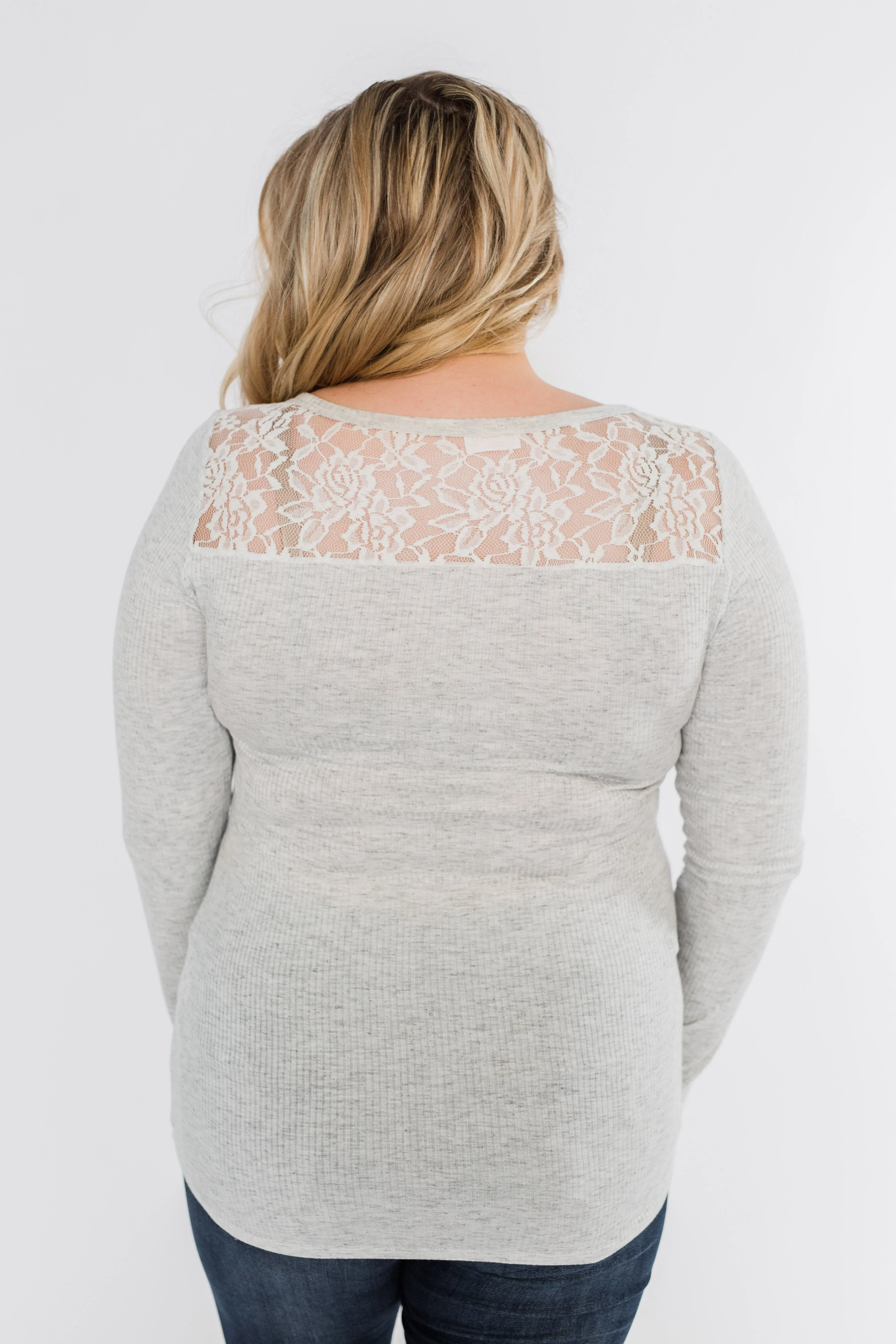 Lace Back 5-Button Henley Top- Light Heather Grey