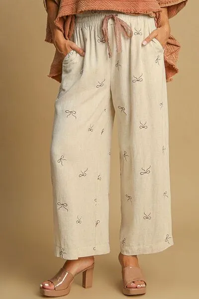 Lace Drawstring Embroidered Bow Wide Leg Pants