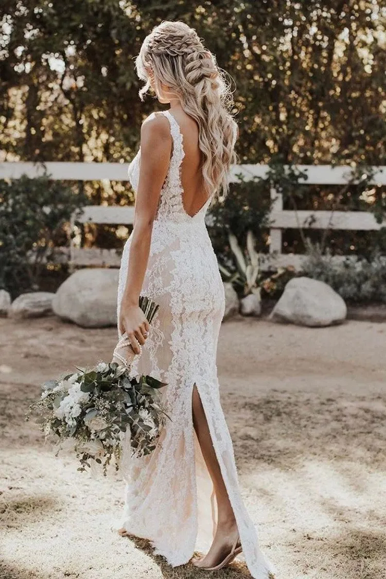Lace Pearls Wedding Dresses with Deep V-neckline