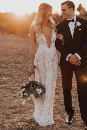 Lace Pearls Wedding Dresses with Deep V-neckline