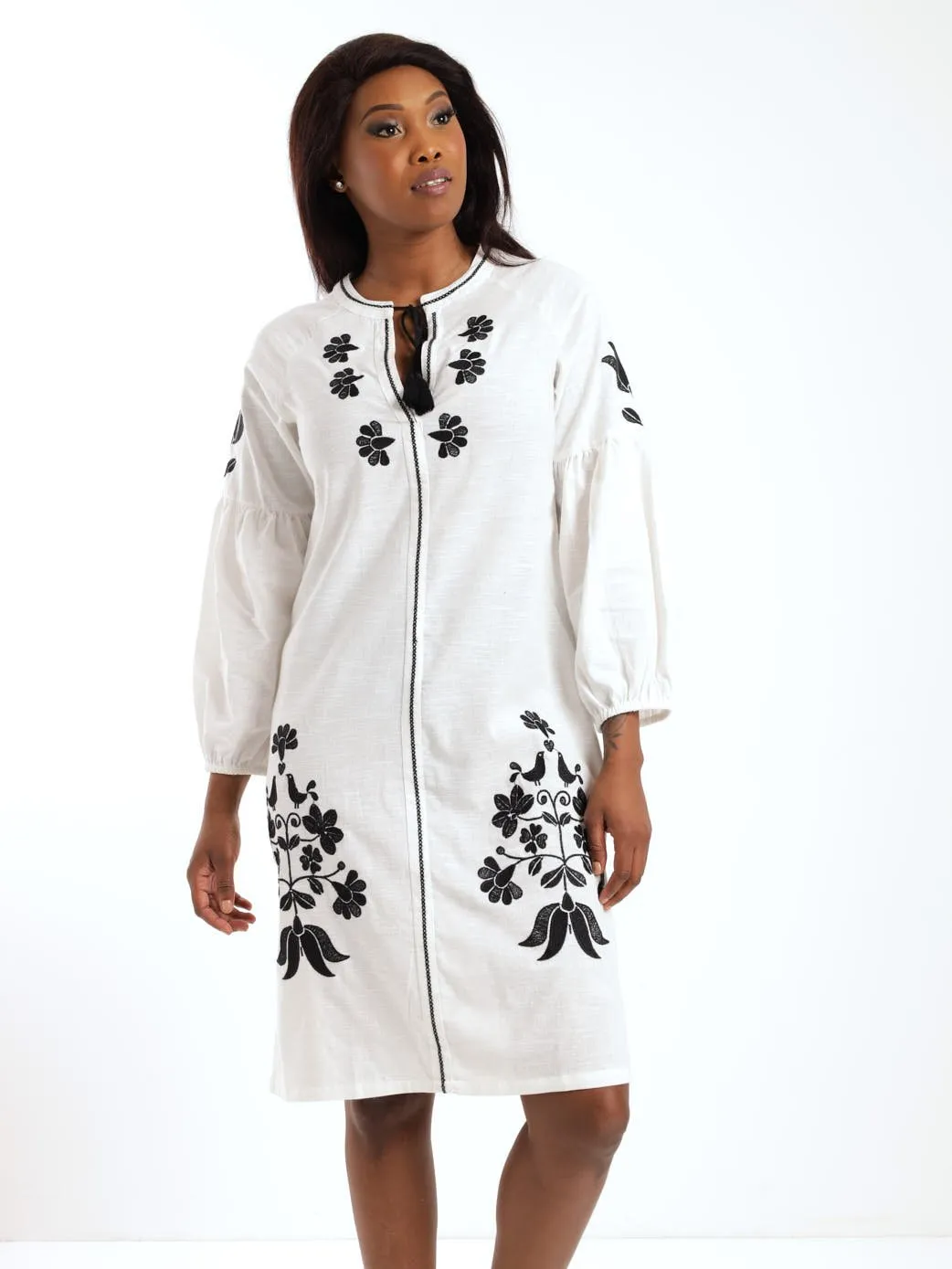 Ladies Embroidered Midi Shift Dress - White/Black