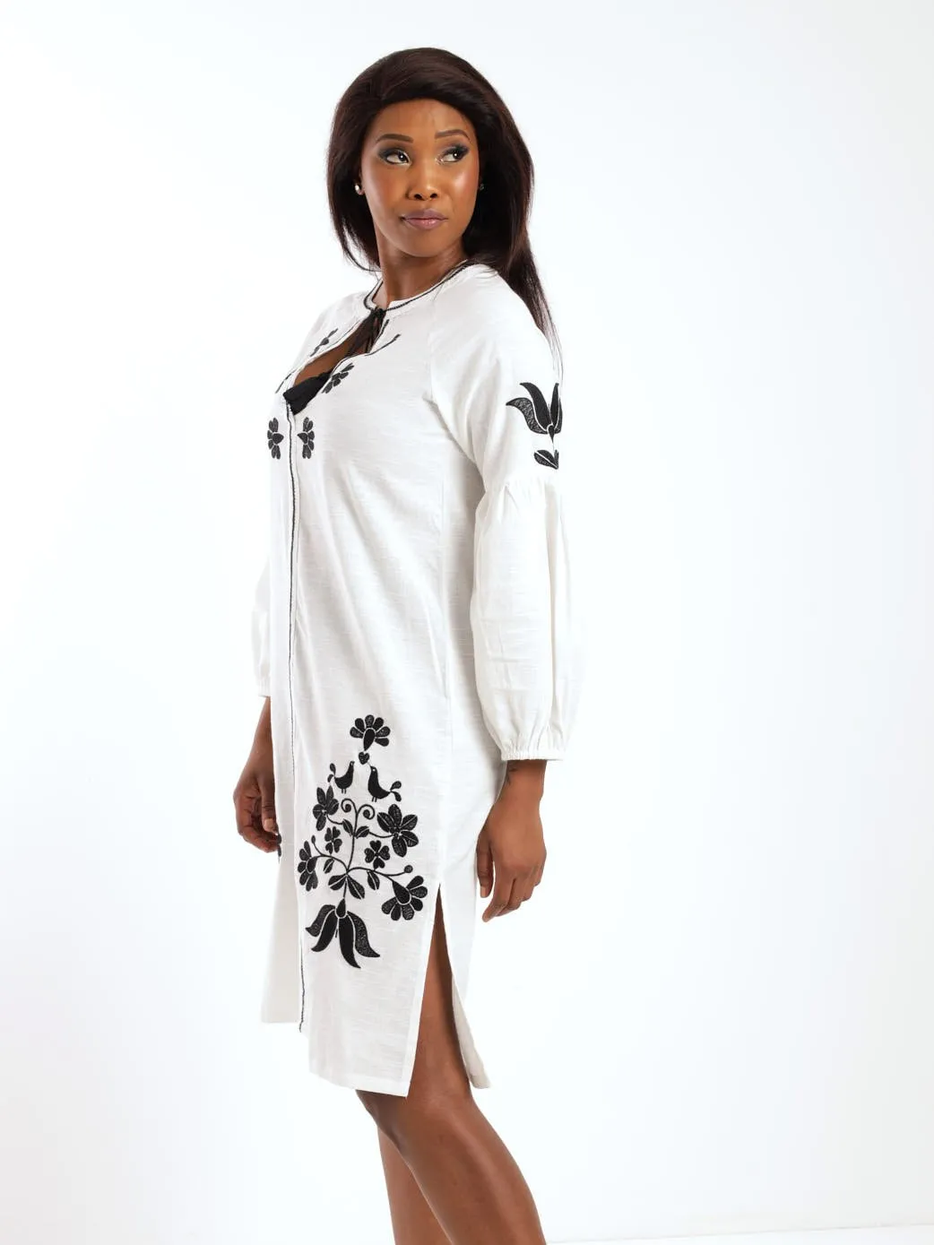 Ladies Embroidered Midi Shift Dress - White/Black