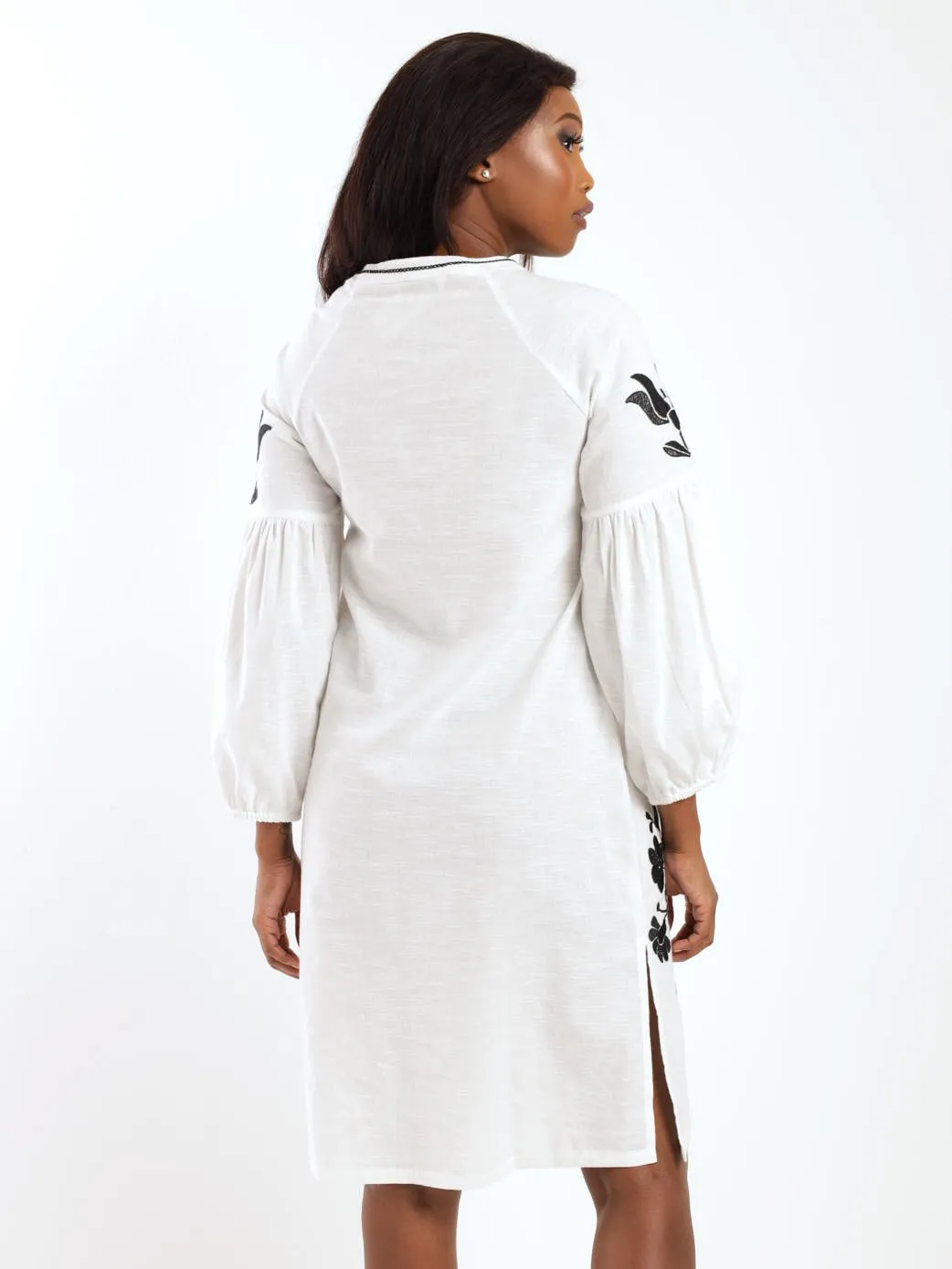 Ladies Embroidered Midi Shift Dress - White/Black