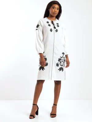 Ladies Embroidered Midi Shift Dress - White/Black