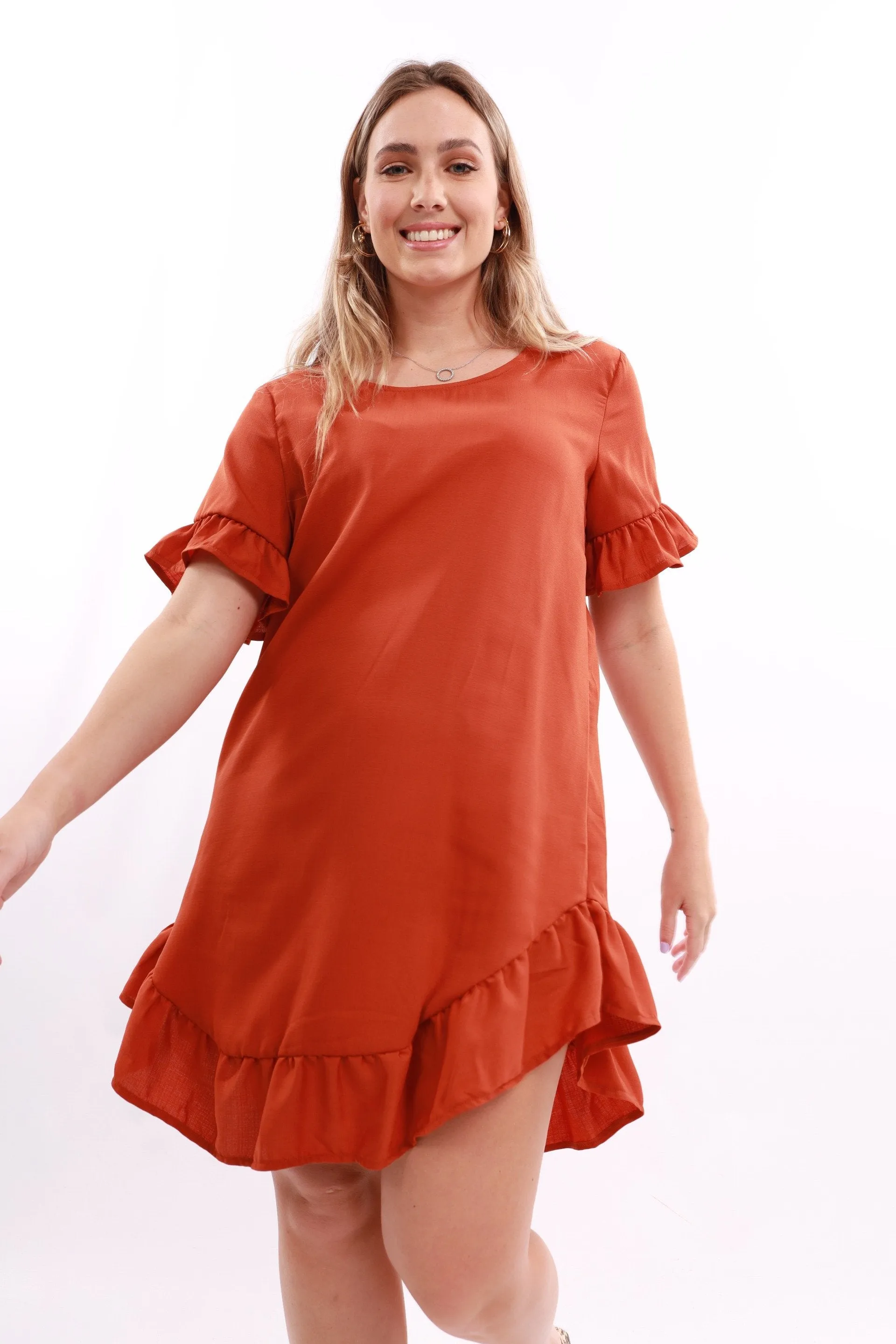 Ladies Hilo Frill Hem Shift Dress - Rust