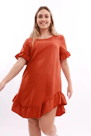 Ladies Hilo Frill Hem Shift Dress - Rust