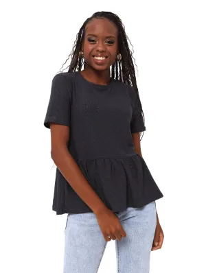Ladies Knit Broiderie Peplum Tee - Dark Navy