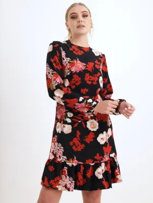 Ladies Long Sleeve Flounce Hem Shift Dress