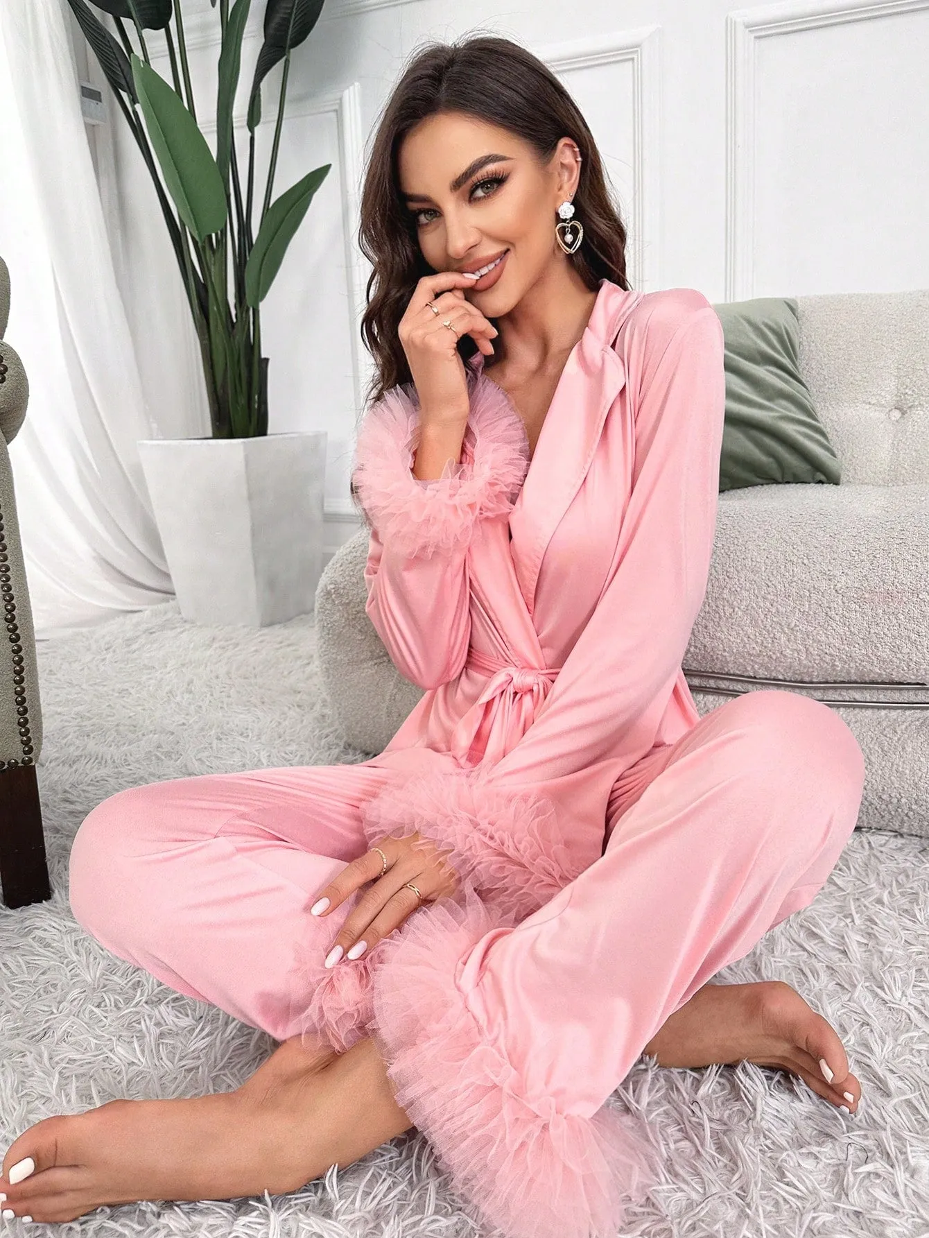 Ladies' Mesh Splice Satin Pajama Set