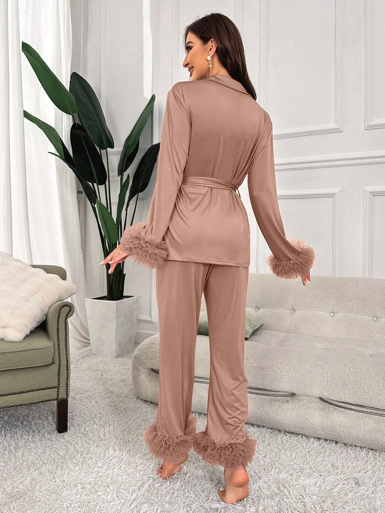 Ladies' Mesh Splice Satin Pajama Set