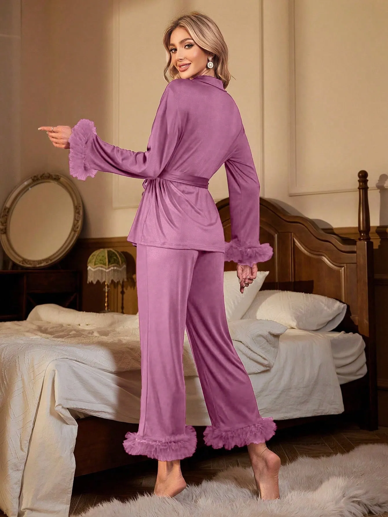 Ladies' Mesh Splice Satin Pajama Set