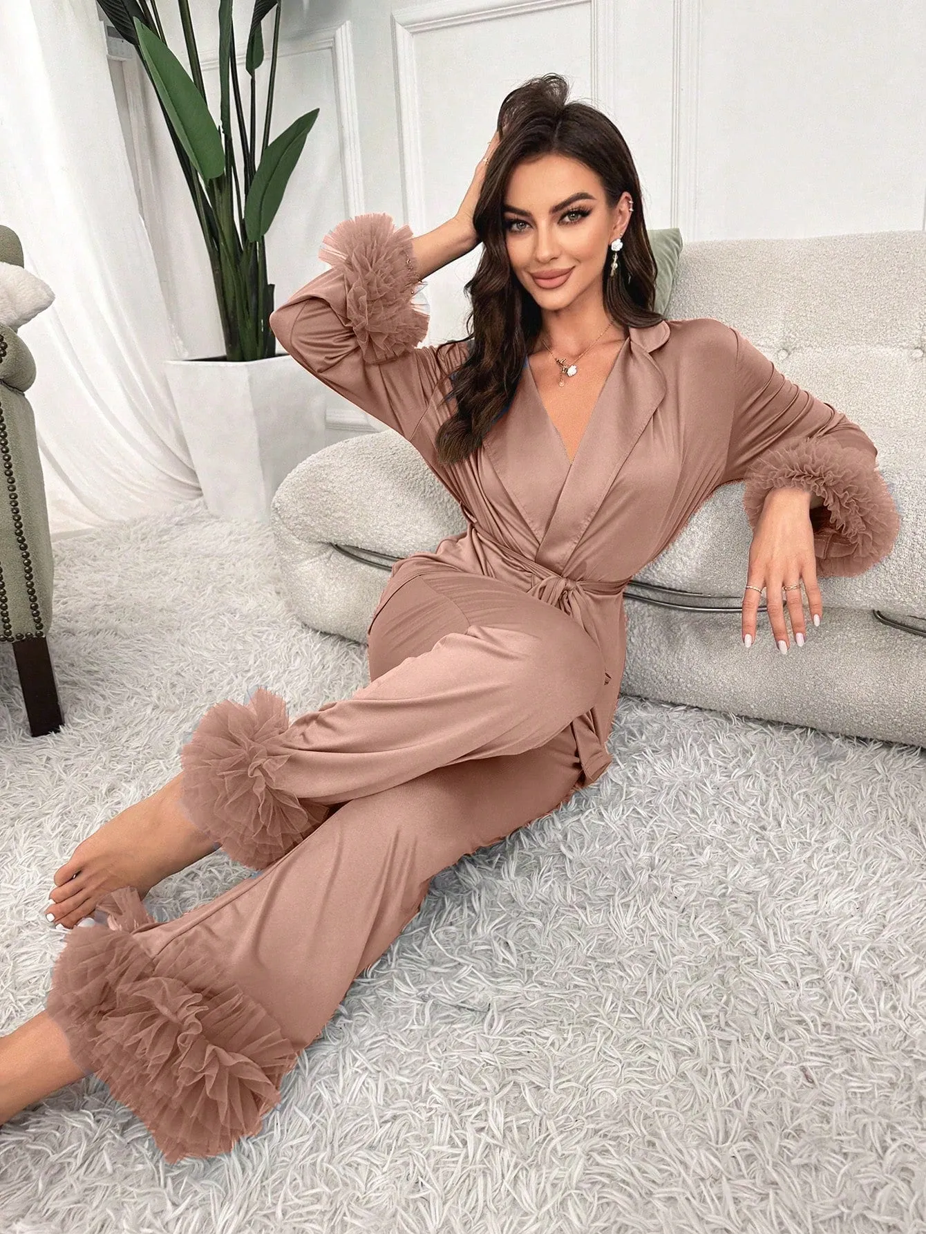 Ladies' Mesh Splice Satin Pajama Set