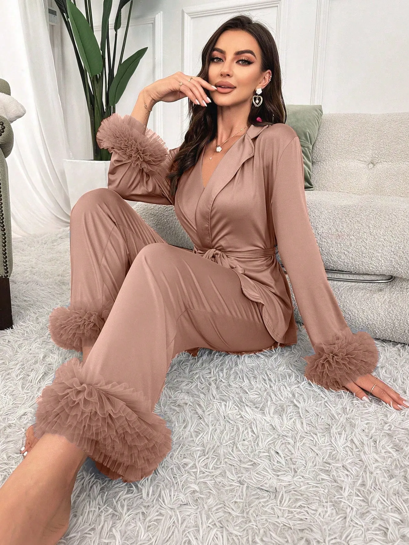 Ladies' Mesh Splice Satin Pajama Set