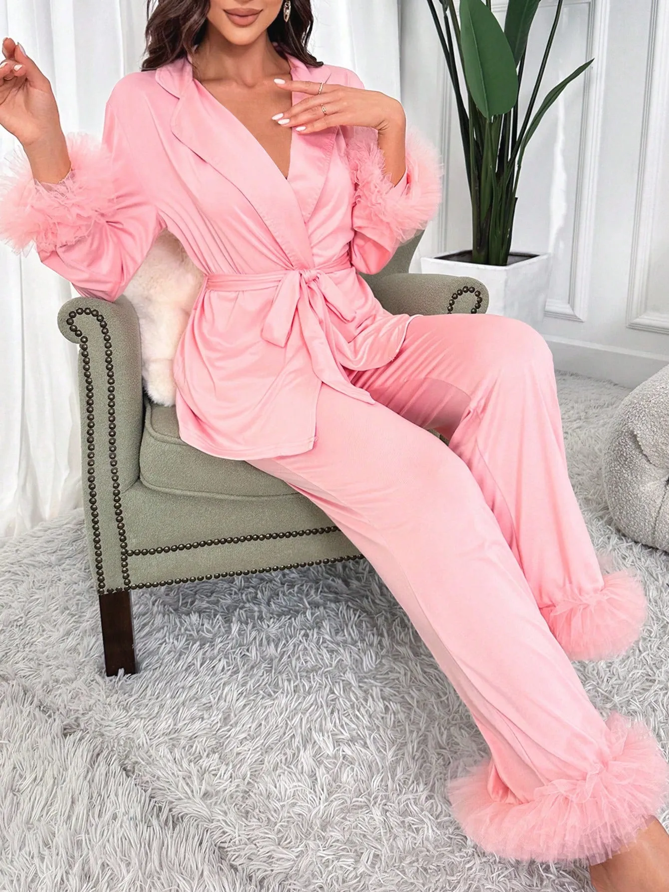 Ladies' Mesh Splice Satin Pajama Set