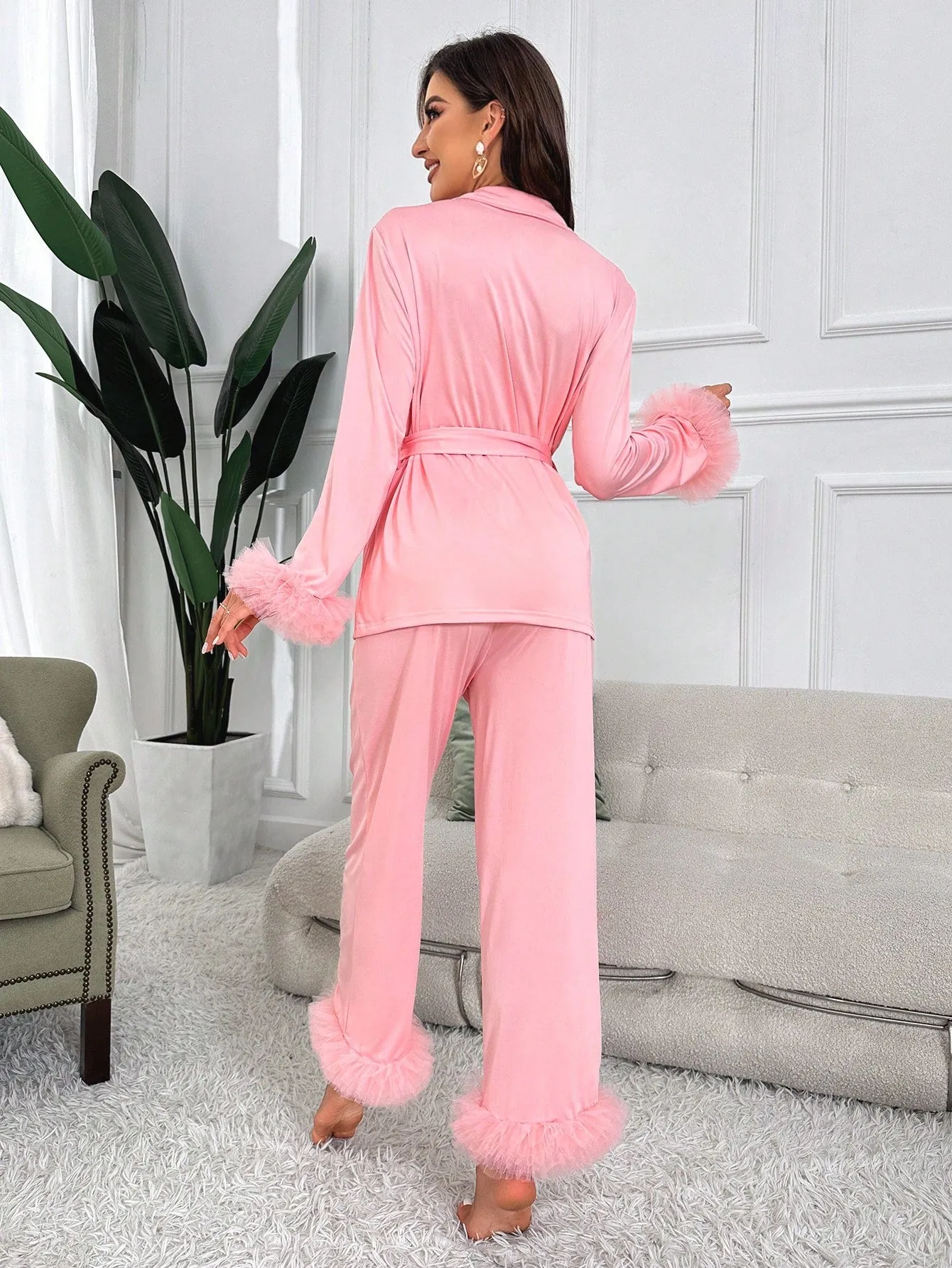 Ladies' Mesh Splice Satin Pajama Set