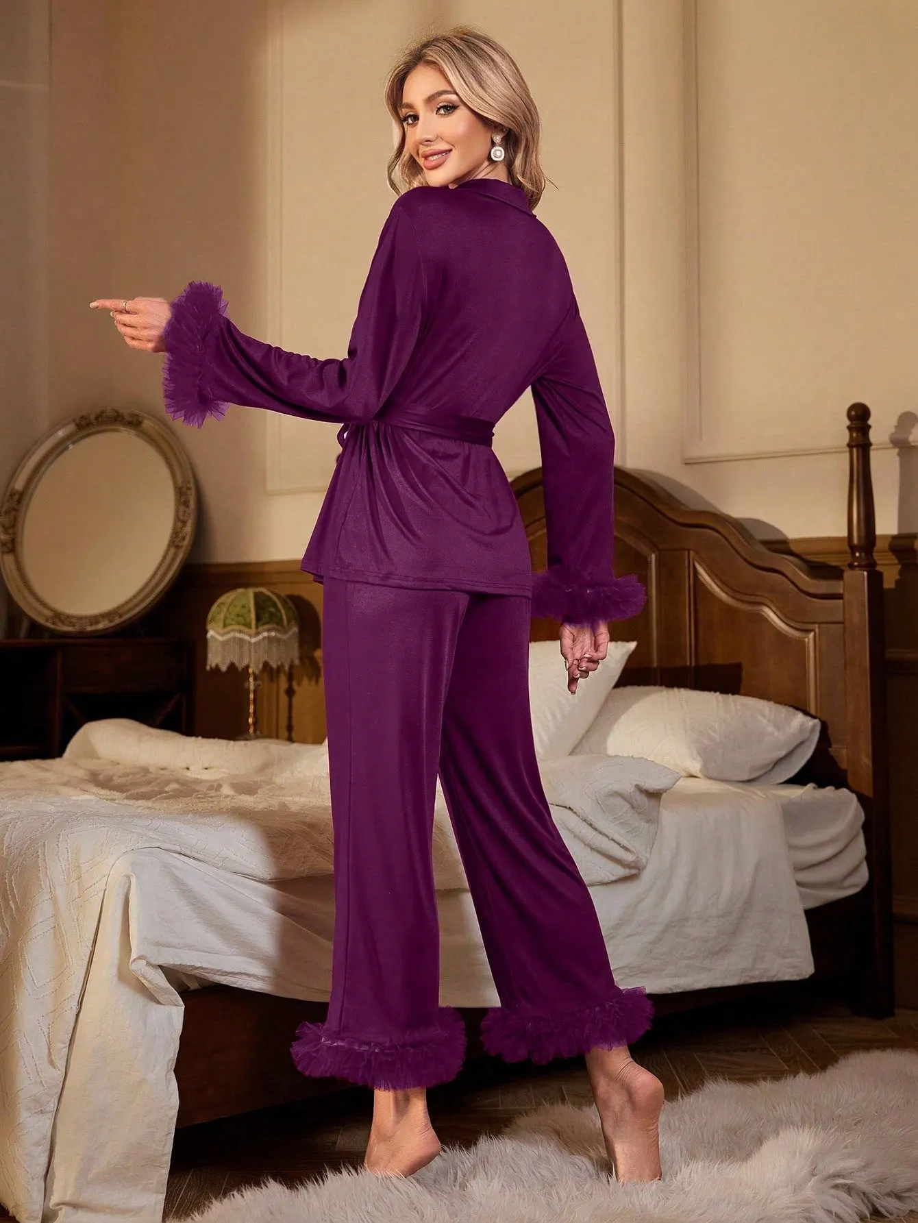 Ladies' Mesh Splice Satin Pajama Set