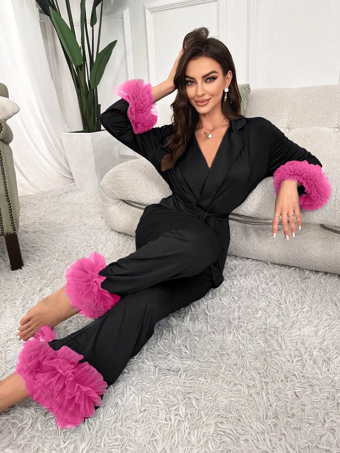 Ladies' Mesh Splice Satin Pajama Set