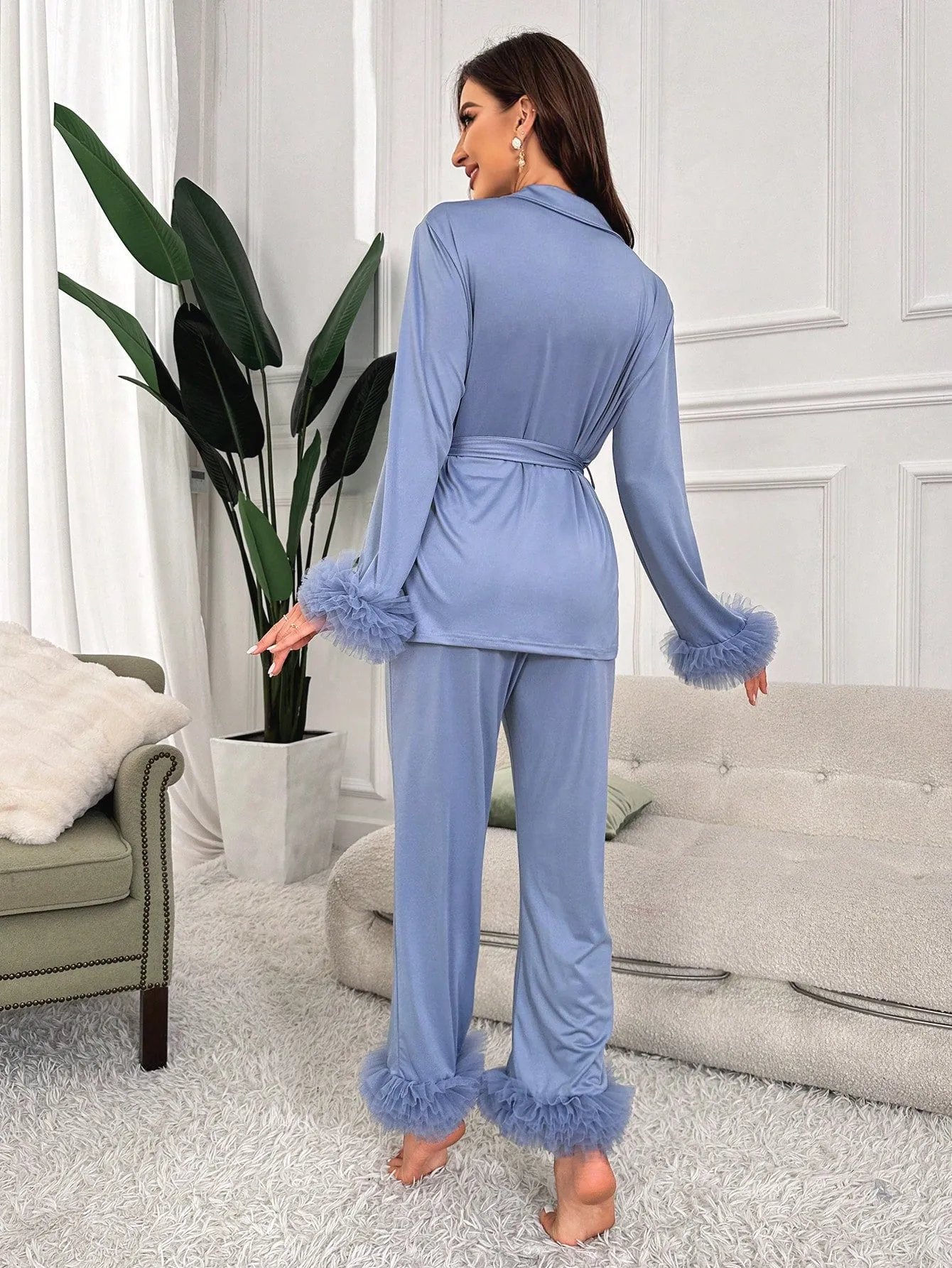Ladies' Mesh Splice Satin Pajama Set