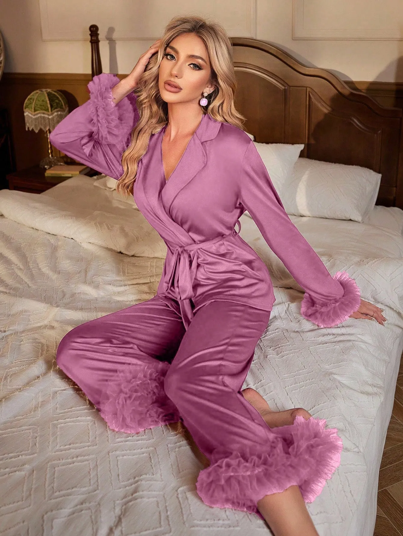 Ladies' Mesh Splice Satin Pajama Set