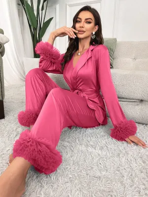 Ladies' Mesh Splice Satin Pajama Set