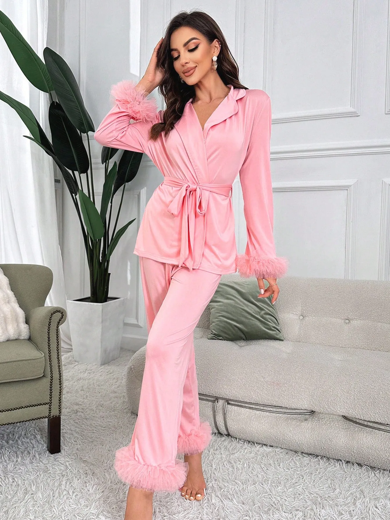 Ladies' Mesh Splice Satin Pajama Set